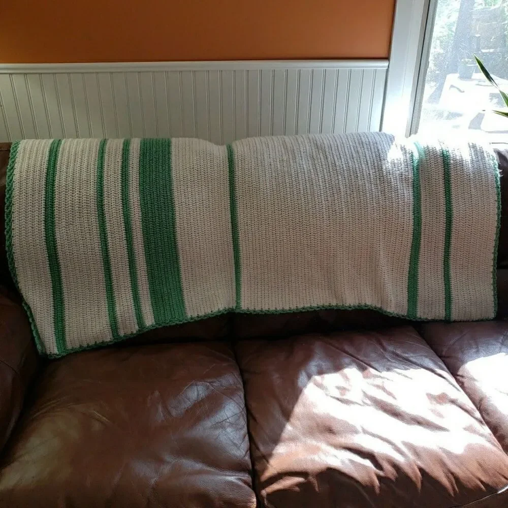 Handmade Crochet Blanket White Green Throw 65x35 Lapghan Knit Gift Cozy Baby